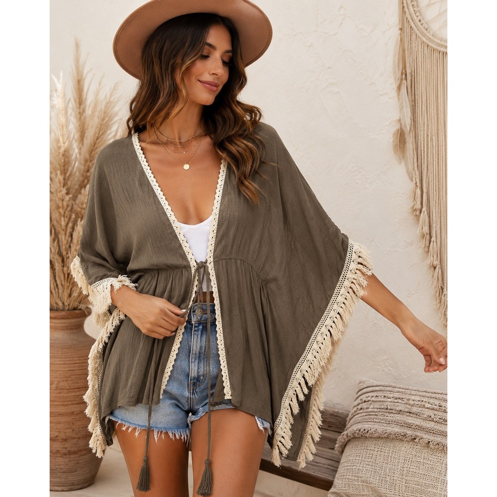 Hayden Los Angeles Boho Fringe Kimono Wrap Crochet Lace‎ Tassel Brown S/M
